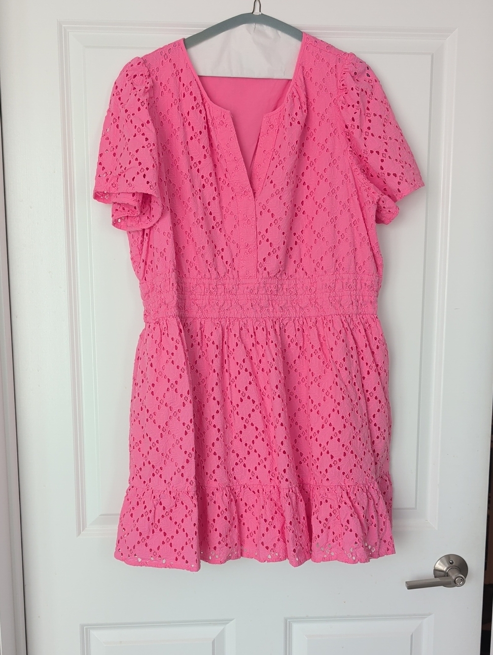 Draper James Pink Eyelet Short Sleeve V-Neck Dress